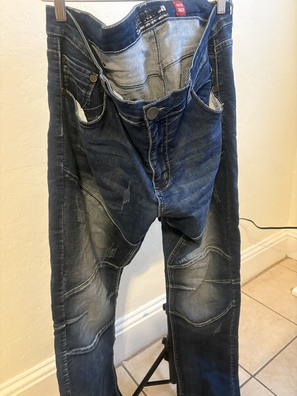 Demolition Men’s Moto Jeans 36x32 Dark Wash Whiskered Camo Patch
